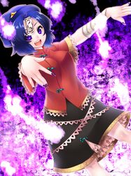  >:3 :3 :d bandages blue_hair fang fingernails hat highres looking_at_viewer miyako_yoshika nail_polish ofuda open_mouth outstretched_arms purple_eyes sharp_fingernails short_hair smile solo star touhou violet_eyes yutazou zombie_pose 