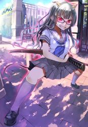  aura glasses grin holding horns katana long_hair original revision school_uniform sheath sheathed silver_hair skirt smile solo sword tail umeboshitora weapon 