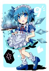  ⑨ ? alternate_costume alternate_hairstyle anger_vein apron blue_dress blue_eyes blue_hair blush cake cirno cup dress enmaided fang food frozen gibuchoko heart highres ice_block maid maid_headdress number open_mouth revision short_hair side_ponytail solo teacup touhou tray wings wrist_cuffs &atilde;&cent;&acirc;&euro;&tilde;&acirc;&uml; &acirc;&lsquo;&uml; 