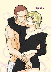  1girl adult arm_around_neck blonde_hair blue_eyes breasts buzz cleavage couple green_eyes happy height_difference hug hug_from_behind jake_muller muscle no_bra off_shoulder panties pantyshot resident_evil resident_evil_6 scar sherry_birkin shirtless short_hair smile standing sweater_dress underwear 