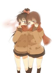  black_hair blue_eyes blush bow brown_eyes brown_hair coat ganaha_hibiki hagiwara_yukiho hair_bow highres idolmaster multiple_girls ponytail ry_jy scarf shared_scarf skirt 