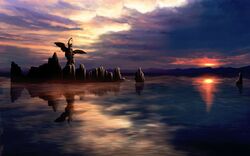  clouds no_humans original reflection saki_(931533) scenery sky statue sunset sword water weapon wings 