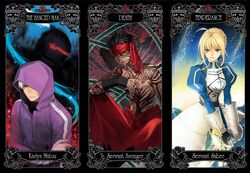  3boys ahoge armor armored_dress avenger berserker_(fate/zero) black_hair blonde_hair chain chains character_name dark_skin death_(tarot_card) dress excalibur fate/hollow_ataraxia fate/stay_night fate/zero fate_(series) full_body_tattoo gauntlets green_eyes hair_ribbon headband helmet hoodie juliet_sleeves long_sleeves matou_kariya multiple_boys puffy_sleeves ribbon riki_(elseeker) saber sword tarot tattoo temperance_(tarot_card) the_hanged_man weapon yellow_eyes 