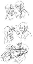  akemi_homura anger_vein angervein blush chin_grab closed_eyes eyes_closed flick grin hair_ornament hairband hairclip hand_on_chin in_the_face long_hair mahou_shoujo_madoka_magica miki_sayaka multiple_girls punching short_hair smile torinone 