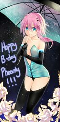  aqua_eyes black_gloves black_legwear copyright_request dress elbow_gloves gloves happy_birthday long_hair magister_(bigbakunyuu) pink_hair solo strapless_dress thigh-highs thighhighs umbrella 