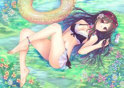  anklet barefoot bikini bikini_skirt black_hair bottle brown_hair feet flower hair_flower hair_ornament innertube jewelry long_hair lying necklace on_back original suikakitsu_shiro sunglasses sunglasses_on_head swimsuit toes 