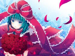  aqua_eyes aqua_hair arm_ribbon blush bouquet bow flower frills front_ponytail hair_bow hair_ornament hair_ribbon holding kagiyama_hina long_hair rairateru ribbon rose short_sleeves solo touhou 