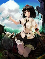  bird black_hair blush cloud hat ken_(coffee_michikusa) red_eyes ruins shameimaru_aya short_hair skirt sky smile solo standing tokin_hat touhou 