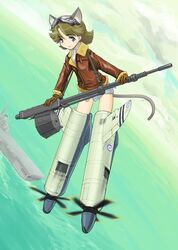  animal_ears blue_eyes brown_hair drum_magazine gloves goggles gun jacket leather_jacket machine_gun military revision sea_fury strike_witches striker_unit tail ugai_yuichi weapon 