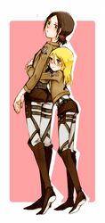  2girls boots christa_renz full_body height_difference highres hug hug_from_behind jacket multiple_girls ruinosuke shingeki_no_kyojin short_hair standing uniform ymir_(shingeki_no_kyojin) 