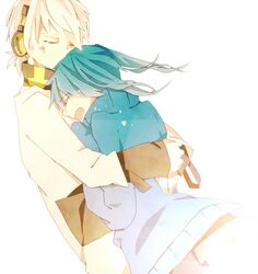  1girl closed_eyes ene_(kagerou_project) ene_no_dennou_kikou_(vocaloid) eyes_closed green_hair headphones hug kagerou_project kakku konoha_(kagerou_project) konoha_no_sekai_jijou_(vocaloid) long_hair tears twintails white_hair 