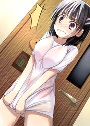  1girl black_eyes black_hair bottomless door dutch_angle kirigaya_suguha marino_yuu no_pants short_hair solo sweat sword_art_online t-shirt 