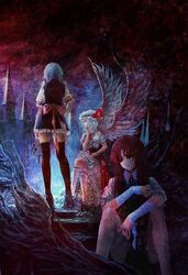  alternate_wings bandage bandages black_legwear crossed_legs dark dress faux_traditional_media feathered_wings frilled_dress frills from_behind hat hat_ribbon heiyuen hong_meiling izayoi_sakuya kneehighs knife legs_crossed multiple_girls night no_hat no_headwear profile red_eyes red_hair redhead remilia_scarlet ribbon short_dress sitting standing thigh-highs thighhighs touhou tower white_hair white_legwear wings 