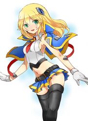  blazblue blonde_hair gloves green_eyes long_hair midriff moromorororo navel necktie noel_vermillion skirt smile thighhighs 