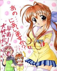  1boy 2girls blood breasts brown_eyes brown_hair clannad cleavage family furukawa_akio furukawa_nagisa furukawa_sanae kamihara_mizuki long_hair milf multiple_girls nosebleed school_uniform shikishi thigh-highs thighhighs traditional_media 