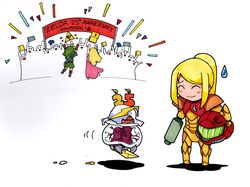  anniversary arm_cannon blonde_hair blush_stickers cake candle chibi closed_eyes commentary dress envelope eyes_closed food headwear_removed helmet helmet_removed highres link metroid metroid_(creature) nintendo paperfiasco payot ponytail power_suit princess_zelda samus_aran shadow skyward_sword smile sweatdrop sword the_legend_of_zelda triforce truth weapon 