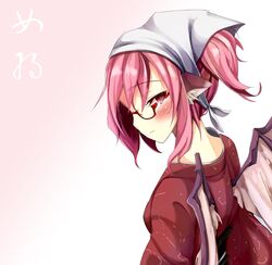  animal_ears bespectacled blush from_behind glasses head_scarf japanese_clothes kimono mystia_lorelei nape obi ogami_kazuki okamisty pink_eyes pink_hair ponytail short_hair simple_background solo touhou white_background wings 