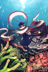  benitama bubble capelet coral hat hat_ribbon nagae_iku purple_hair red_eyes ribbon shawl short_hair solo touhou underwater 