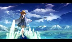  barefoot benitama blonde_hair blue_eyes cloud clouds hair_ribbon hat ice letterboxed long_sleeves moriya_suwako mountain ribbon short_hair sky sleeves_past_wrists solo touhou walking_on_water water wide_sleeves 