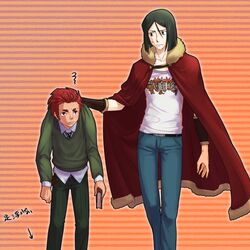  37suihan46 adult age_switch beard black_eyes black_hair book cape casual collar_grab cosplay costume_switch facial_hair fate/zero fate_(series) green_eyes green_hair jeans multiple_boys necktie red_eyes red_hair redhead rider_(fate/zero) rider_(fate/zero)_(cosplay) role_reversal squiggle t-shirt waver_velvet waver_velvet_(cosplay) young 