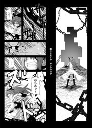  chain clenched_teeth comic eerr fang fighting head_out_of_frame kyubey mahou_shoujo_madoka_magica monochrome polearm ponytail sakura_kyouko spear tomoe_mami translated translation_request weapon 