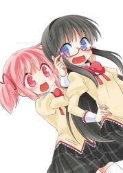  akemi_homura black_hair blue_eyes blush bow glasses hair_ribbon hairband kaname_madoka ko_ru_ri long_hair mahou_shoujo_madoka_magica multiple_girls open_mouth pink_hair red-framed_glasses ribbon school_uniform simple_background skirt thigh-highs thighhighs twintails white_background white_legwear 