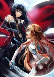  accel_world asuna_(sao) bare_shoulders black_legwear breastplate brown_eyes brown_hair creator_connection crossover detached_sleeves elbow_gloves gloves hairband highres kuroyukihime long_hair looking_at_another multiple_girls open_mouth smile sword sword_art_online thighhighs tsubasa19900920 weapon 