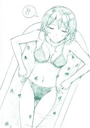  bathtub bikini breasts closed_eyes eyes_closed kazami_yuuka monochrome musical_note petals short_hair smile solo spoken_musical_note swimsuit touhou vent_arbre 