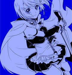  blue_background cape elbow_gloves frills gloves mahou_shoujo_madoka_magica miki_sayaka polearm short_hair skirt solo spear sword tears weapon yamada_ako 