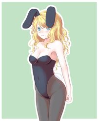  animal_ears aqua_background bare_shoulders black_legwear blonde_hair blue_eyes breasts bunny_ears bunny_girl bunny_tail bunnysuit cleavage fishnets green_background long_hair original pantyhose rabbit_ears solo tail 