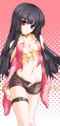  bell bell_collar belly black_hair bow bra breasts cleavage collar collarbone error halftone halftone_background houraisan_kaguya legband long_hair long_image long_sleeves looking_at_viewer midriff mound_of_venus navel open_clothes open_shirt open_shorts panties purple_panties red_eyes shiraki_kyousuke short_shorts shorts solo tall_image thigh_strap touhou underwear very_long_hair wide_sleeves yellow_bra 