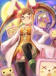  :d :q animal_ears black_legwear blush_stickers brown_eyes brown_hair bunny_ears edobox full_moon glasses idolmaster idolmaster_cinderella_girls ikebukuro_akiha labcoat long_hair moon open_mouth rabbit_ears sky smile solo star_(sky) starry_sky thigh-highs thighhighs tongue twintails x_x 