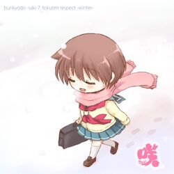  blush brown_hair cardigan chibi closed_eyes eyes_closed kawara_yun lowres miyanaga_saki saki scarf short_hair snow solo 