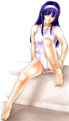  barefoot blue_hair brown_eyes cynthia_the_mission feet fukushima_nyuugyou_inc hairband highres kuga_araya long_hair one-piece one-piece_swimsuit payot purple_hair scar sitting solo srungle swimsuit white_swimsuit 