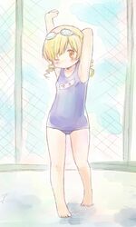 arm_behind_head armpits arms_up barefoot blonde_hair blush flat_chest goggles goggles_on_head mahou_shoujo_madoka_magica nori_senbei school_swimsuit solo swimsuit tomoe_mami wink young 