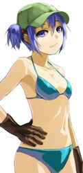 1girl bikini blue_bikini blue_eyes blue_hair breasts brown_gloves cleavage erect_nipples flat_chest gloves hair_bobbles hair_ornament hand_on_hip hat kawashiro_nitori kurione_(zassou) short_hair smile solo swimsuit touhou twintails