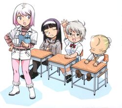  ahoge black_hair black_legwear blonde_hair book breasts bun_cover chibi crossed_legs cynthia_rou cynthia_the_mission double_bun glasses gradient_hair holding holding_book jacket kuga_araya large_breasts legs_crossed long_hair miniskirt multicolored_hair multiple_girls nose_bubble pantyhose pink_hair pink_legwear school_desk school_uniform serafuku shimizu_hotaru silver_hair sitting skirt sleeping takatou_rui takaya_kanae teacher white_hair 