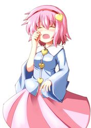  blush closed_eyes eyes_closed hairband heart komeiji_satori ominaeshi_(takenoko) open_mouth pink_hair revision rubbing_eyes shirt short_hair skirt solo tears touhou 