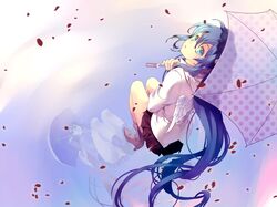  aqua_eyes aqua_hair hatsune_miku high_heels highres long_hair looking_back oldschool-girl panties pantyshot pantyshot_(sitting) ponytail reflection shoes sitting skirt solo squatting umbrella underwear very_long_hair vocaloid wings 