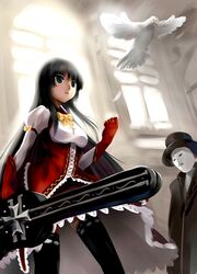  absurdres akiyama_mio bass_guitar bird black_eyes black_hair black_legwear blush dove fender guitar_case highres hime_cut instrument instrument_case k-on! long_hair looking_at_viewer school_uniform skirt smile solo thigh-highs thighhighs uniform very_long_hair x-boy 