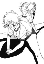  2girls back-to-back breasts bun_cover buruma cynthia_rou cynthia_the_mission double_bun glasses gym_uniform huge_breasts monochrome multiple_girls shoes short_hair smile sneakers stretch takatou_rui takaya_kanae 