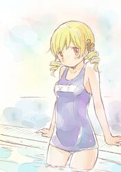  blonde_hair blush mahou_shoujo_madoka_magica nori_senbei school_swimsuit solo swimsuit tomoe_mami 