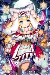  blonde_hair blue_eyes blush capelet cherrypin cloud clouds flower full_moon hat holding leg_up looking_at_viewer mittens moon original pantyhose snowflakes solo soukoku_no_regalia vertical-striped_legwear vertical_stripes watermark weapon 