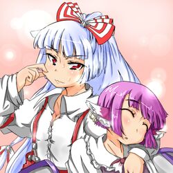  animal_ears arm_around_neck cheek_pinching closed_eyes dress_shirt earrings fujiwara_no_mokou hair_ribbon jewelry kitsunemimimimi long_hair multiple_girls mystia_lorelei no_hat no_headwear pinching purple_hair red_eyes ribbon shirt short_hair silver_hair sleeping suspenders sweatdrop touhou white_hair 