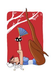  bracelet breasts brown_hair brown_legwear bun_cover china_dress chinese_clothes chun-li closed_eyes double_bun earrings fan folding_fan jewelry large_breasts legs_up on_back pantyhose sash short_hair spiked_bracelet spikes street_fighter yllya 