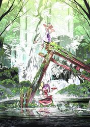  2girls asakura_masatoki blonde_hair forest hair_ornament hair_ribbon hat highres long_sleeves moriya_suwako multiple_girls nature overgrown purple_hair reflection ribbon ruins sakazuki shimenawa shirt sitting skirt skirt_set torii touhou vest vines water waterfall wide_sleeves yasaka_kanako 