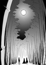  3girls animal_ears bamboo comic highres houraisan_kaguya monochrome multiple_girls rabbit_ears reisen_udongein_inaba shadow tani_takeshi touhou yagokoro_eirin 