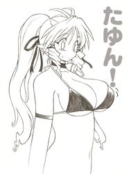  1girl bell bikini blush breasts choker cow_bell cow_girl cow_horns gomamiso_sti horns huge_breasts long_hair monochrome original simple_background solo swimsuit ushita_kaoruko very_long_hair white_background 
