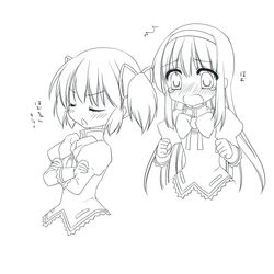  akemi_homura blush closed_eyes crossed_arms eyes_closed homu kaname_madoka ko_ru_ri long_hair mahou_shoujo_madoka_magica monochrome multiple_girls open_mouth school_uniform simple_background translated translation_request white_background 