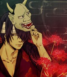 bandage_over_one_eye black_hair flower gintama japanese_clothes mask oni_mask purple_hair red_eyes shuxxxmoka solo spider_lily takasugi_shinsuke 